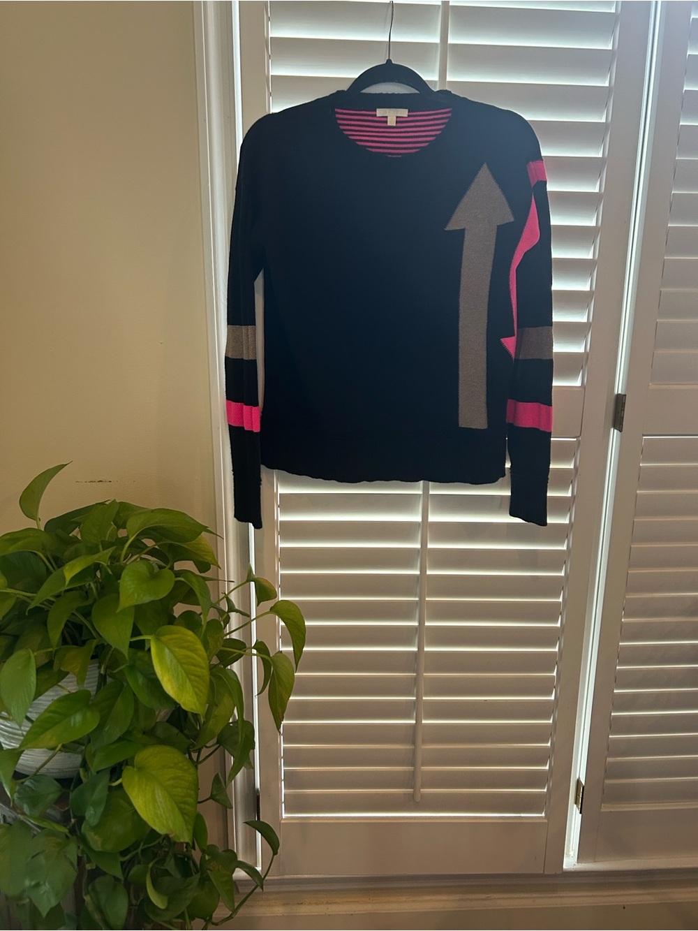 Lisa Todd Black Crewneck Sweater with Pink and Tan Arrow Motif